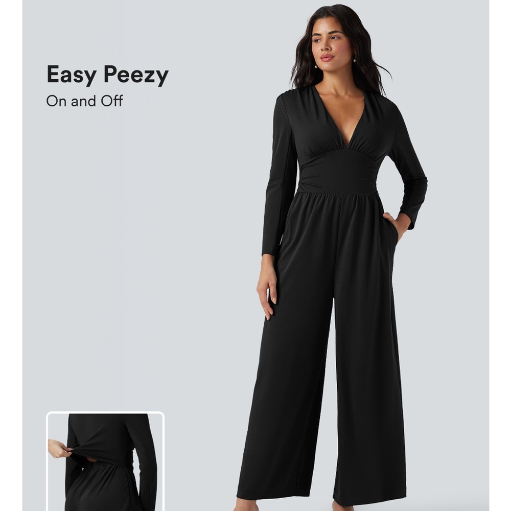 Halara SculptKnit V Neck Long Sleeve Ruched Jumpsuit w/Pockets-Easy Peezy XS